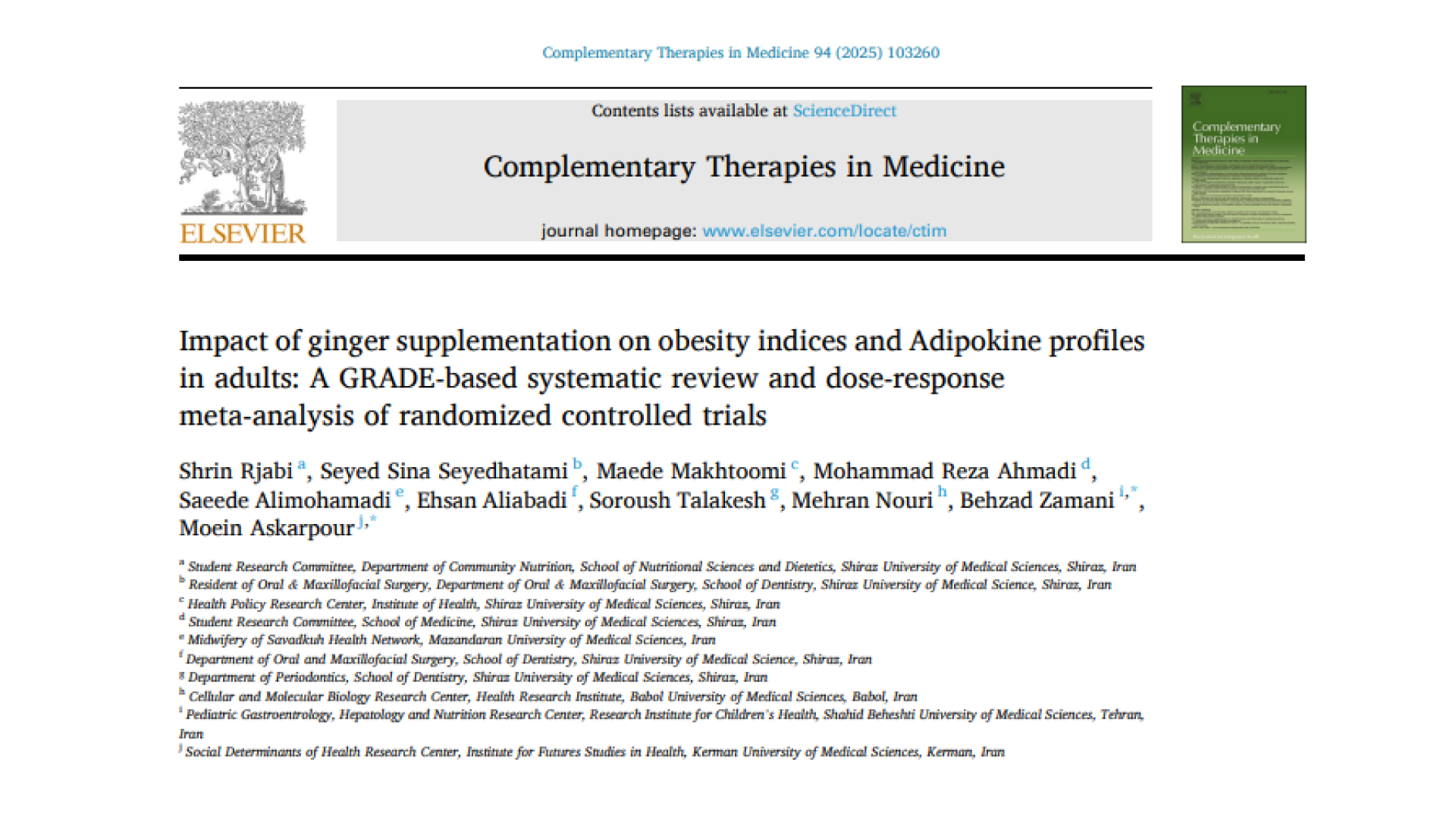 Impact of ginger supplementation on obesity indices and Adipokine profiles in adults